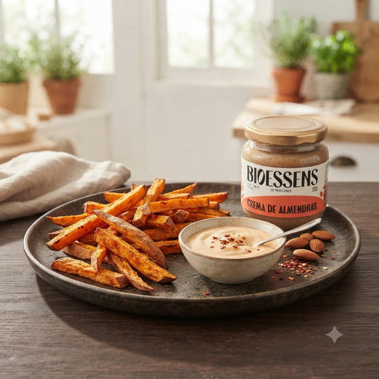 Batatas fritas con salsa de crema de almendras picante
